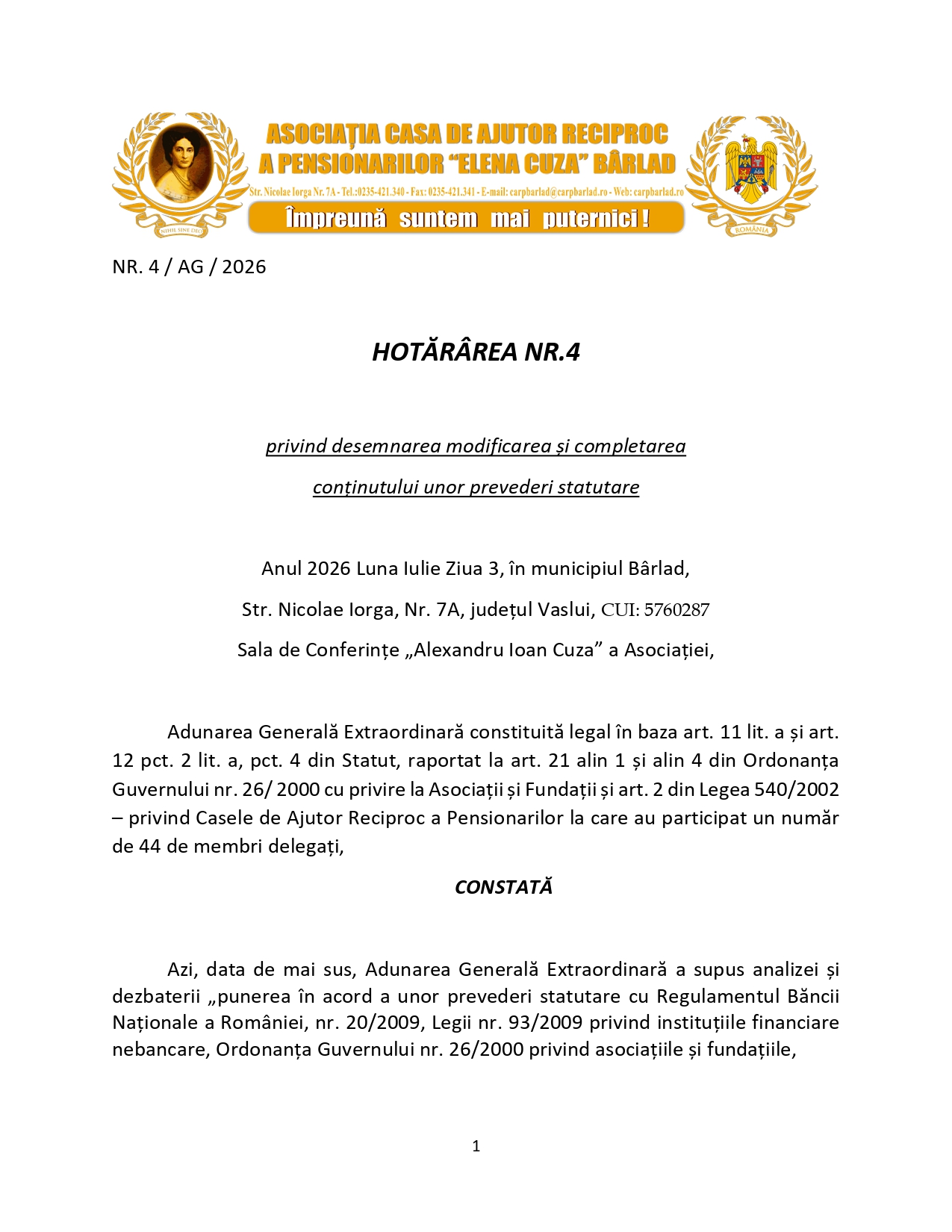 Hotărârea Nr. 4 AGE